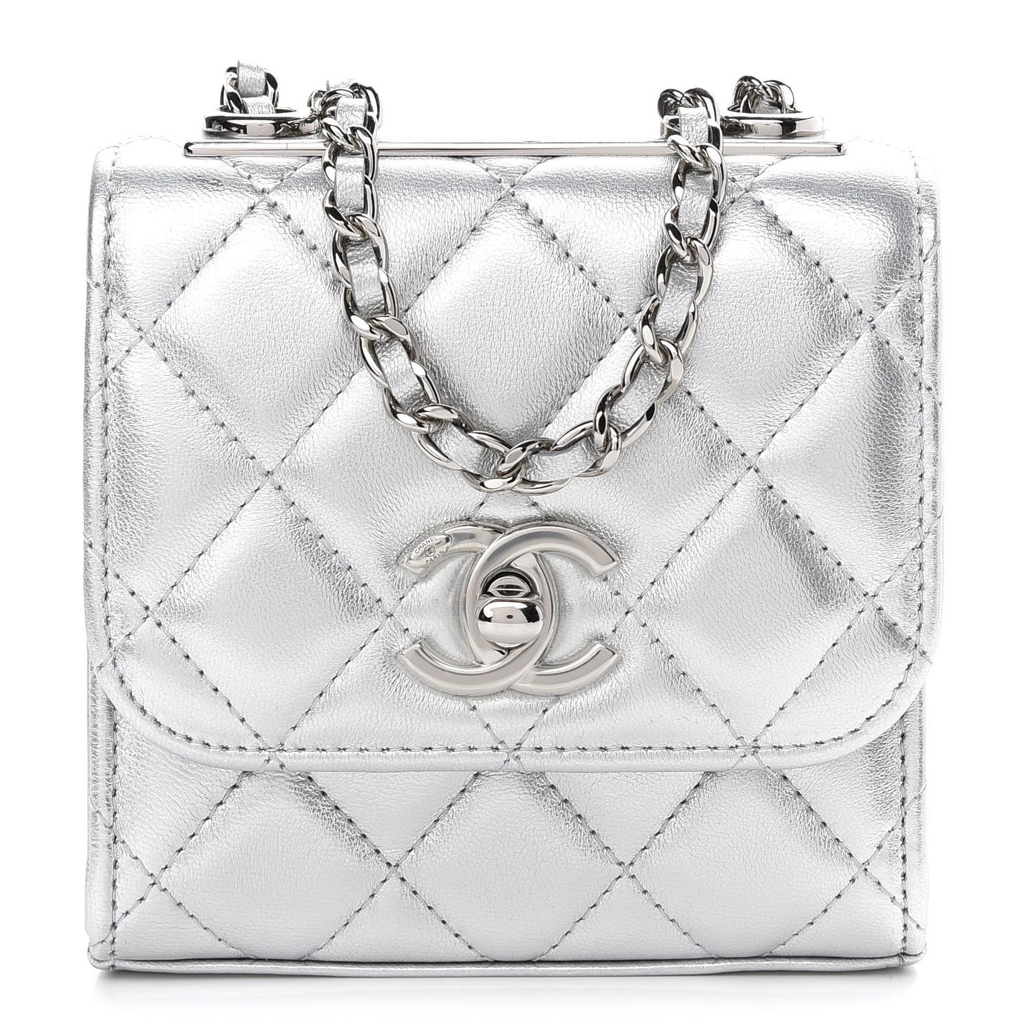 Metallic Lambskin Quilted Mini Trendy CC Clutch With Chain Silver