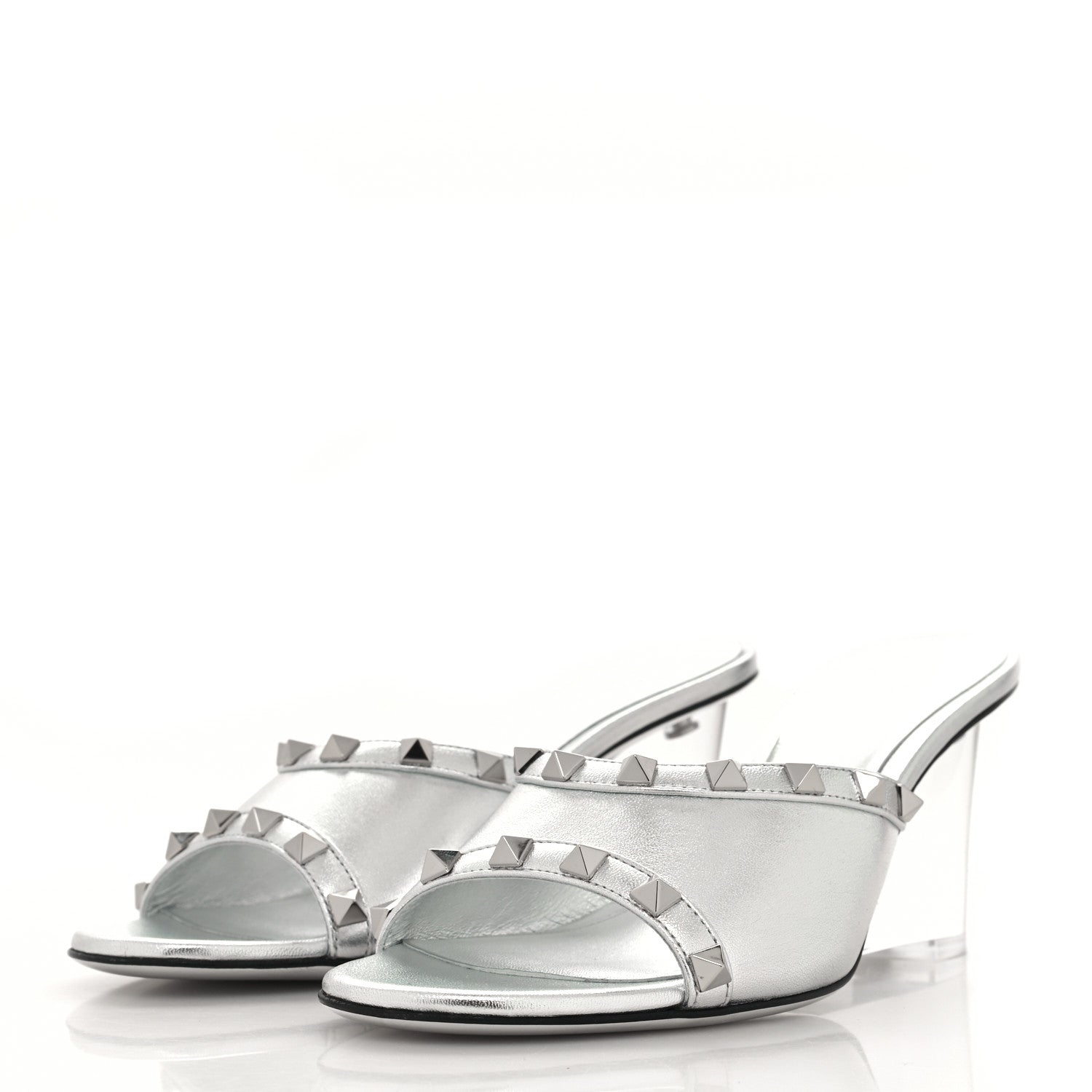 Valentino Garavani Metallic Lambskin Plexiglass Rockstud 75mm Wedge Sandals 37 Silver Transparent 3 of 9