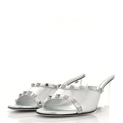 Valentino Garavani Metallic Lambskin Plexiglass Rockstud 75mm Wedge Sandals 37 Silver Transparent 3 of 9
