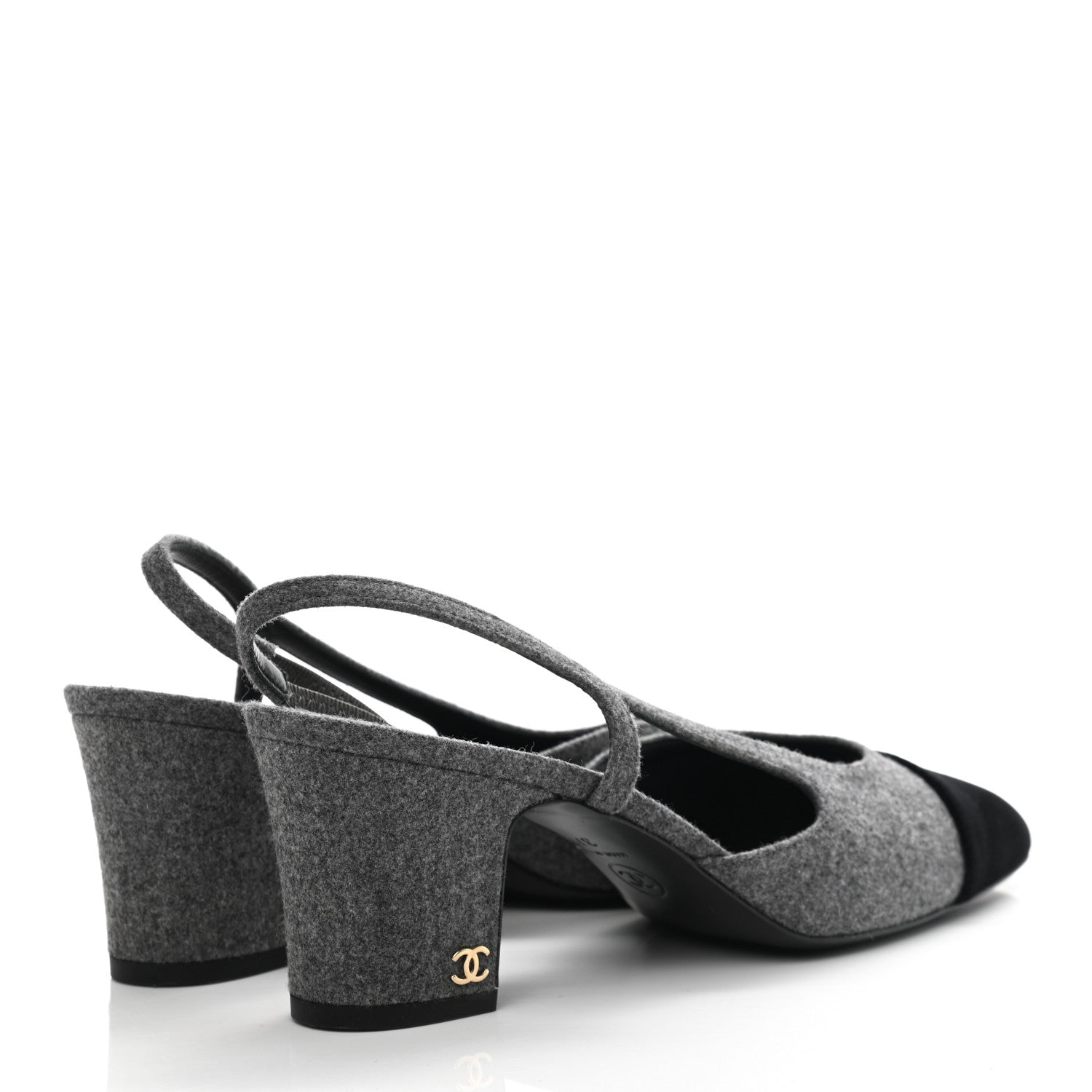 Chanel Wool Velvet Cap Toe CC Slingback Pumps 37.5 Black Grey 4 of 8
