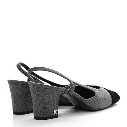 Chanel Wool Velvet Cap Toe CC Slingback Pumps 37.5 Black Grey 4 of 8
