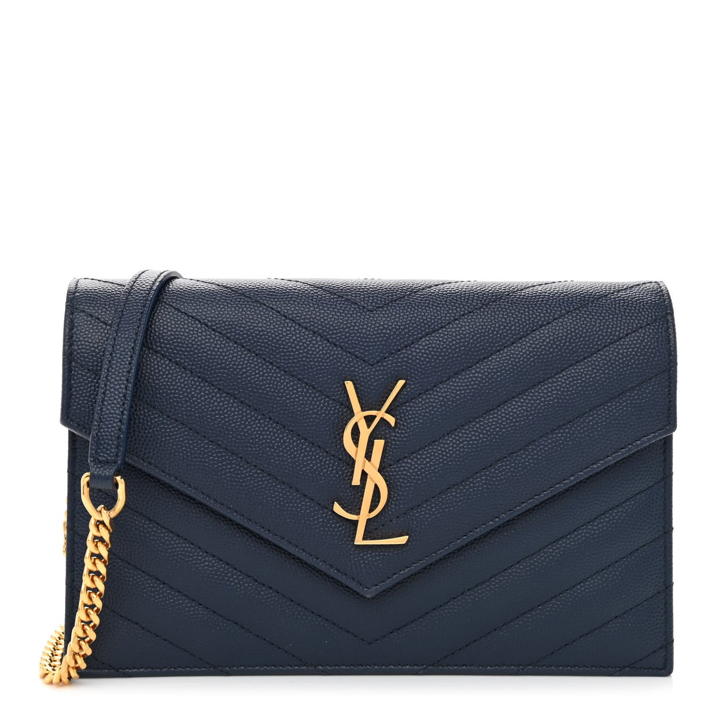 Grain De Poudre Matelasse Chevron Monogram Envelope Chain Wallet Navy
