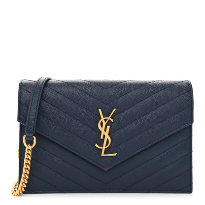 Saint Laurent Grain De Poudre Matelasse Chevron Monogram Envelope Chain Wallet Navy 1 of 7