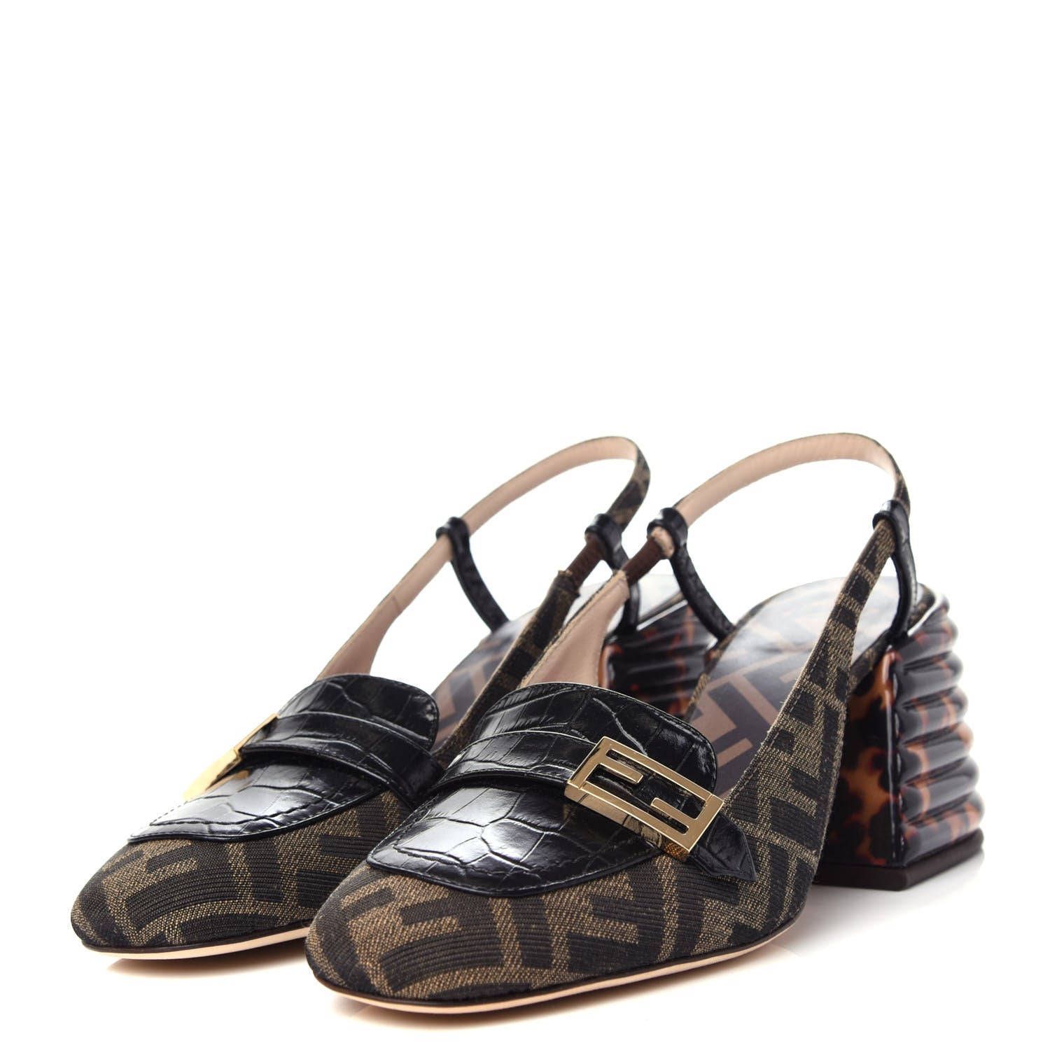 Fendi Jacquard Calfskin FF Tortoise Promenade Slingback Loafer Pumps 37 Tobacco 3 of 10
