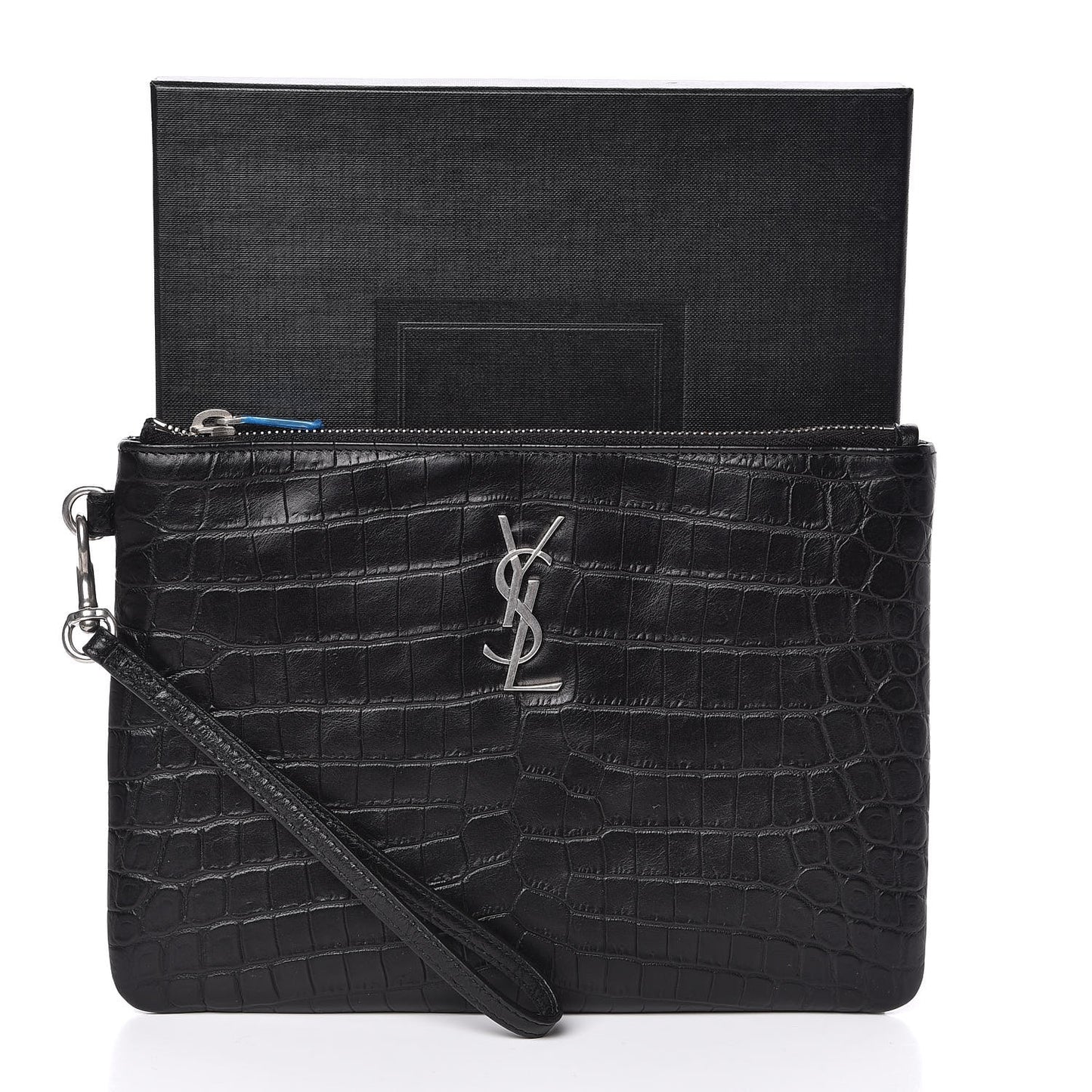 Calfskin Crocodile Embossed Monogram Zip Pouch Black