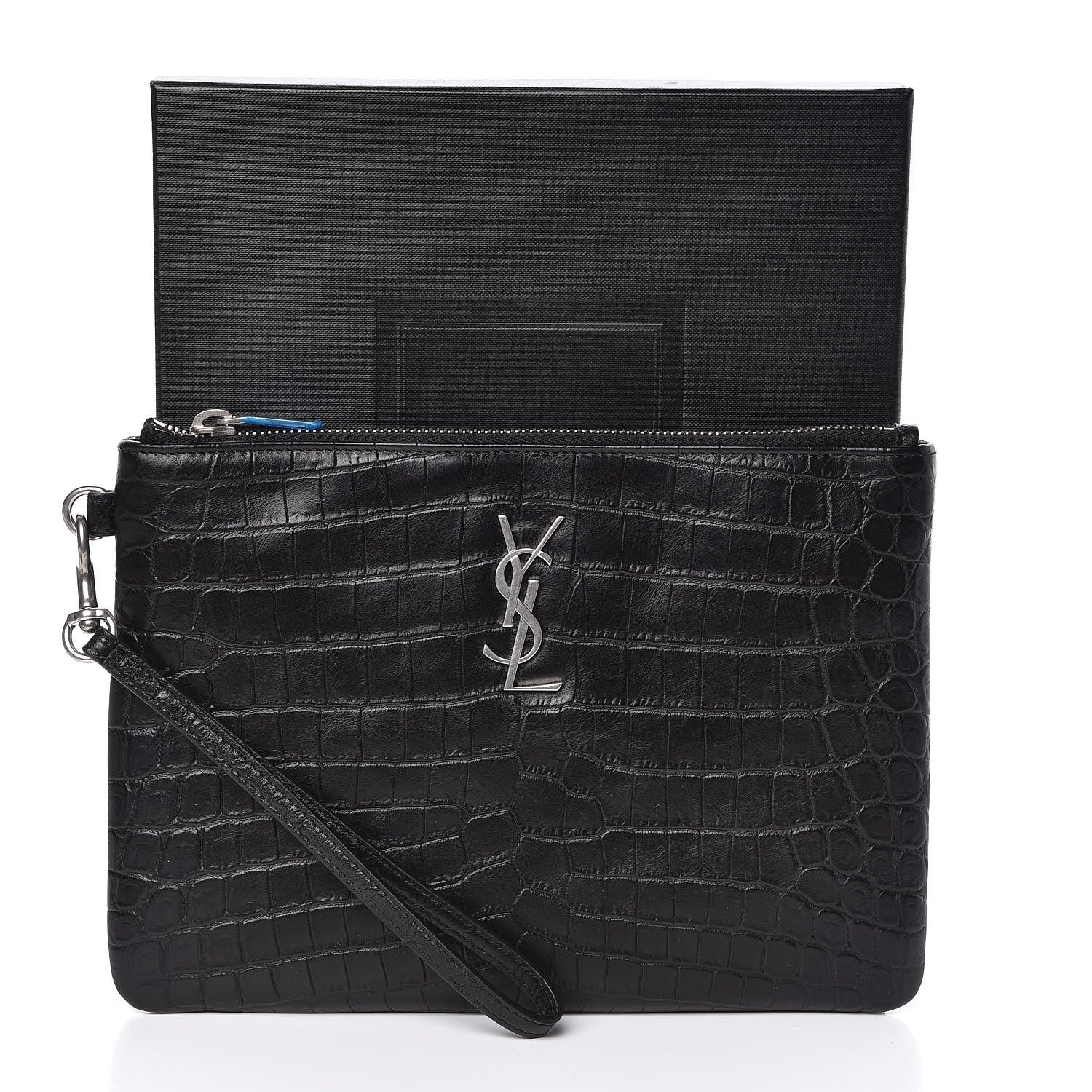 Saint Laurent Calfskin Crocodile Embossed Monogram Zip Pouch Black 8 of 8