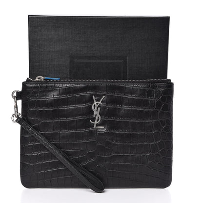 Saint Laurent Calfskin Crocodile Embossed Monogram Zip Pouch Black 8 of 8