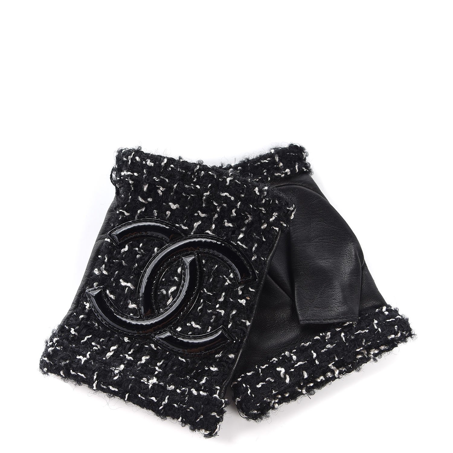 Chanel Lambskin Fantasy Tweed Patent CC Fingerless Gloves 6.5 Black White 1 of 6