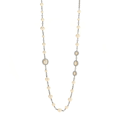 Chanel Graduated Pearl Crystal CC Long Necklace Silver 1 of 12