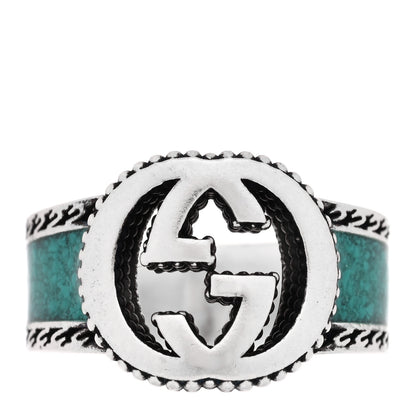 Gucci Sterling Silver Enamel Interlocking G Band Ring 50 5.5 Turquoise 1 of 4