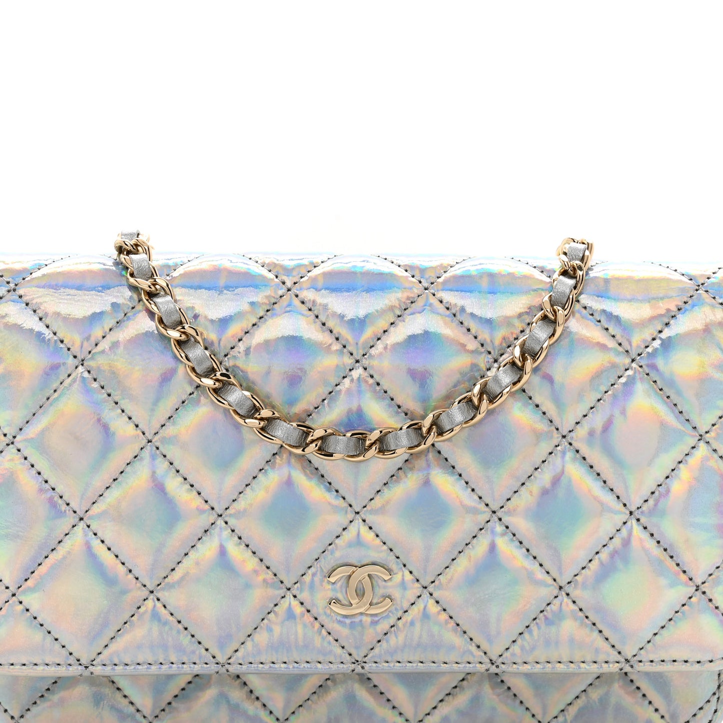 Iridescent Goatskin Quilted Wallet On Chain WOC Silver