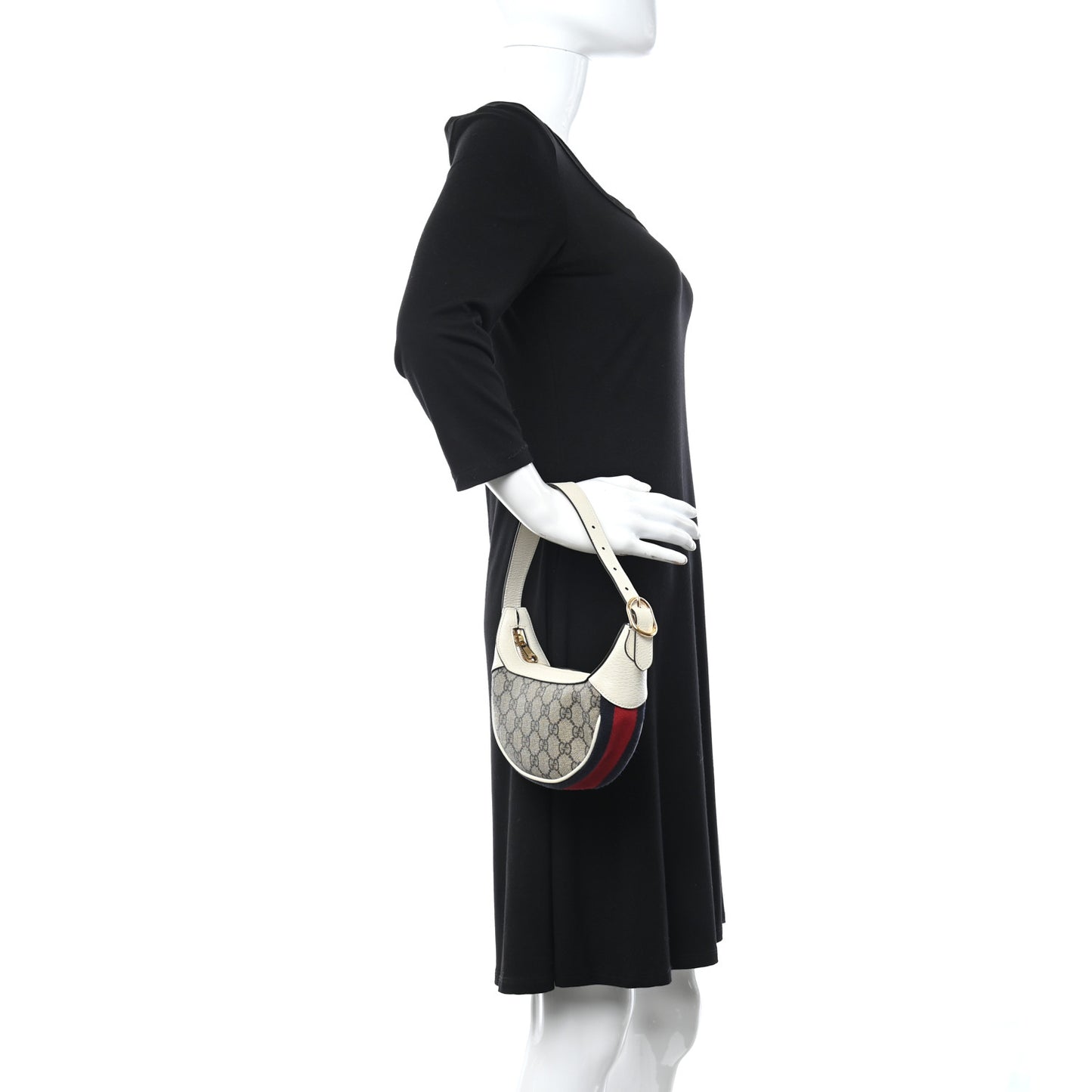 GG Supreme Monogram Textured Dollar Calfskin Web Mini Ophidia Half Moon Hobo Beige Ebony Mystic White