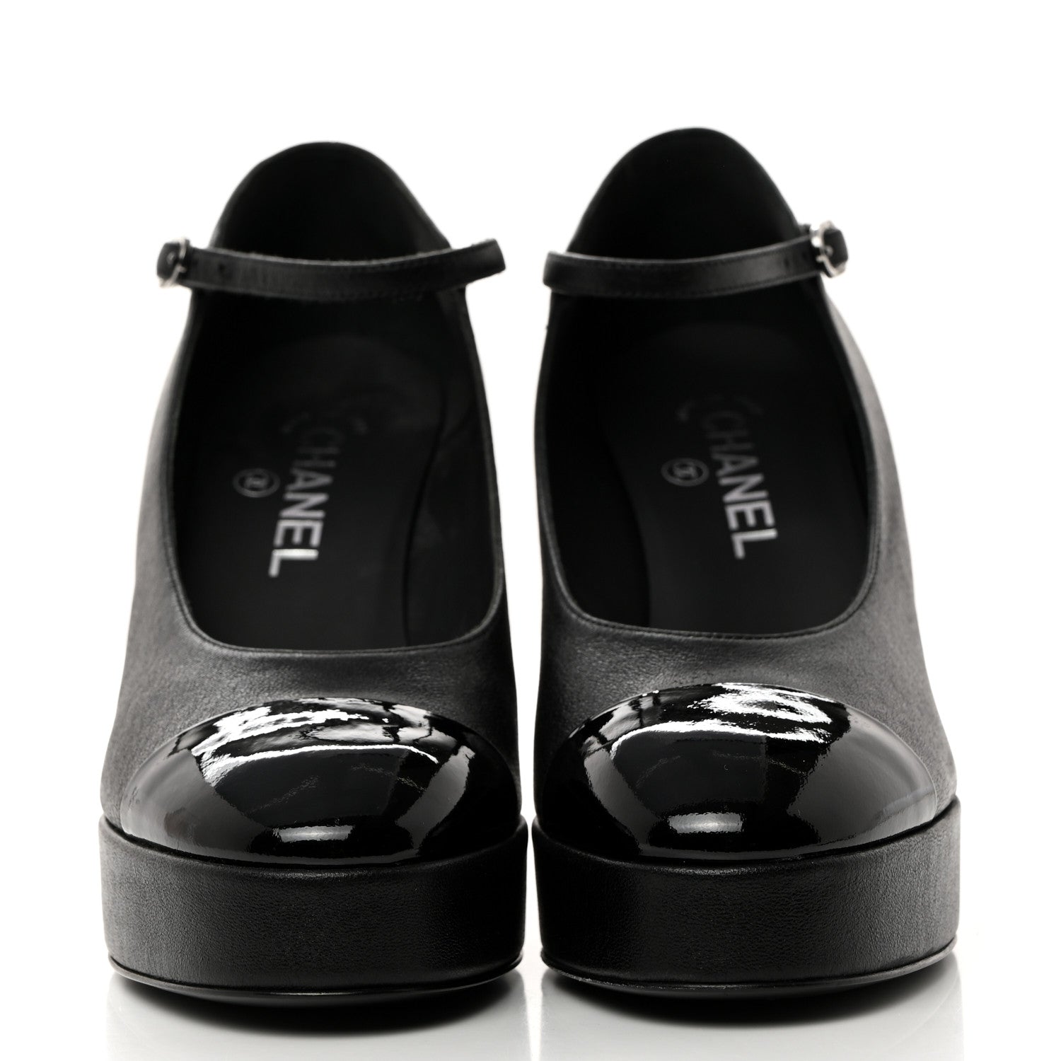 Chanel Lambskin Patent Cap Toe Mary Jane Platform Pumps 38.5 Black 2 of 9