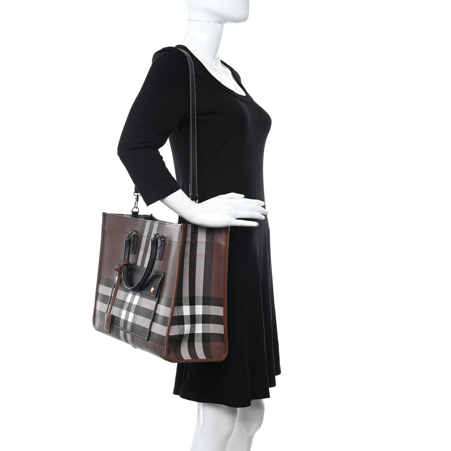 E-Canvas Check Calfskin Medium Freya Tote Dark Birch Brown
