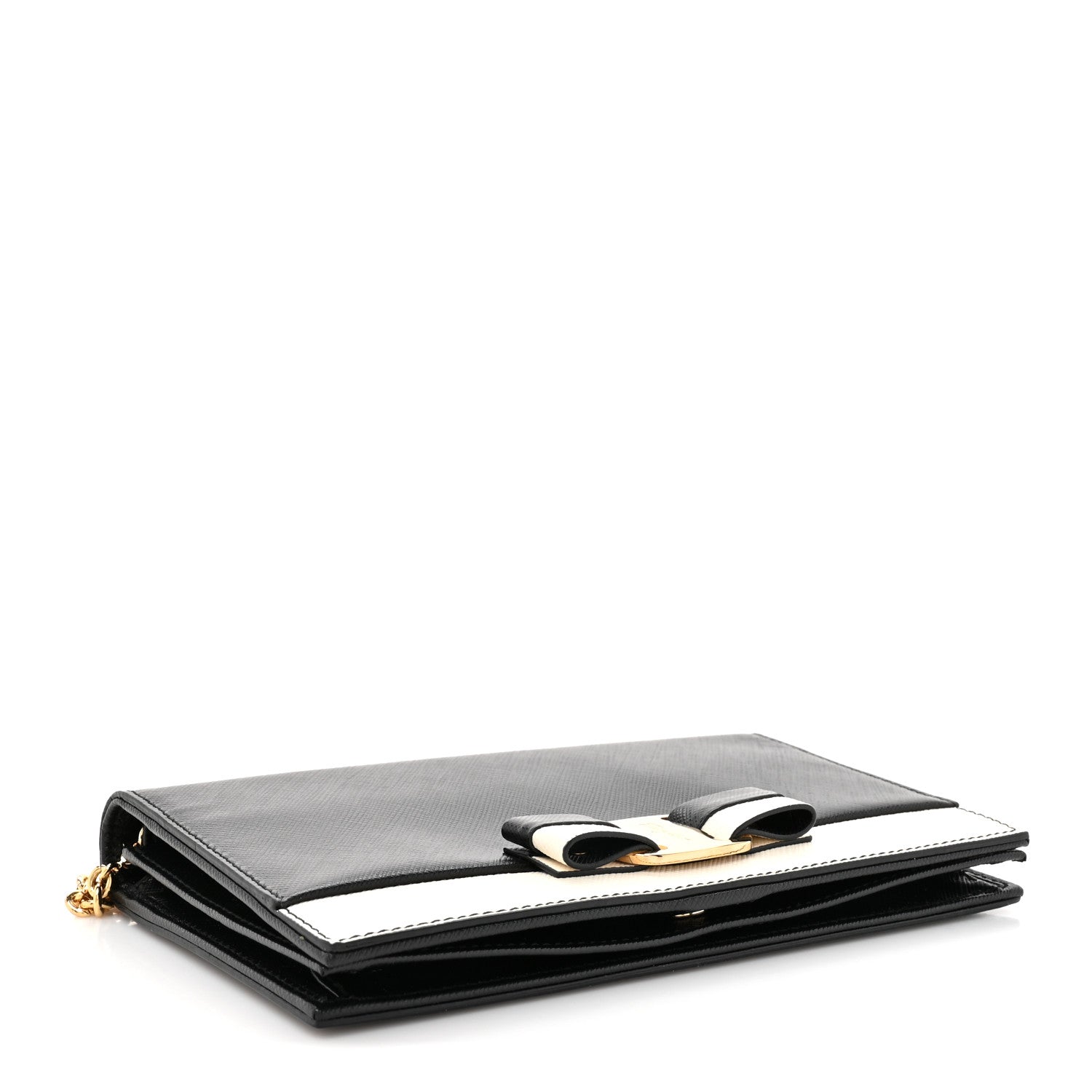 Salvatore Ferragamo Hammered Calfskin Vara Bow Chain Wallet Black White 4 of 11