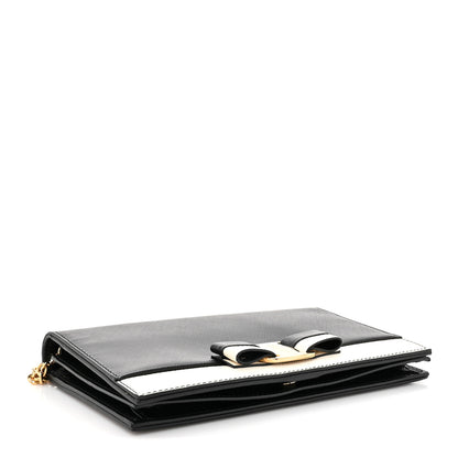 Salvatore Ferragamo Hammered Calfskin Vara Bow Chain Wallet Black White 4 of 11