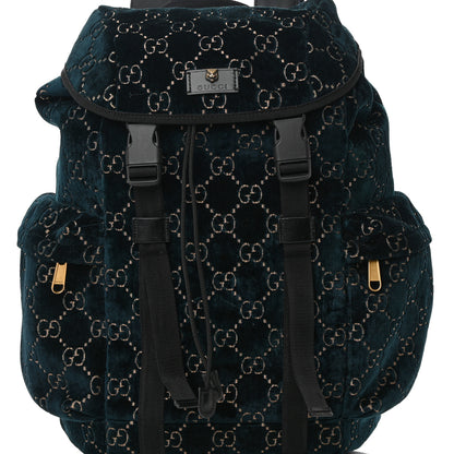 Gucci Velvet GG Monogram Web Medium Double Buckle Backpack Blue Beige Black 8 of 16