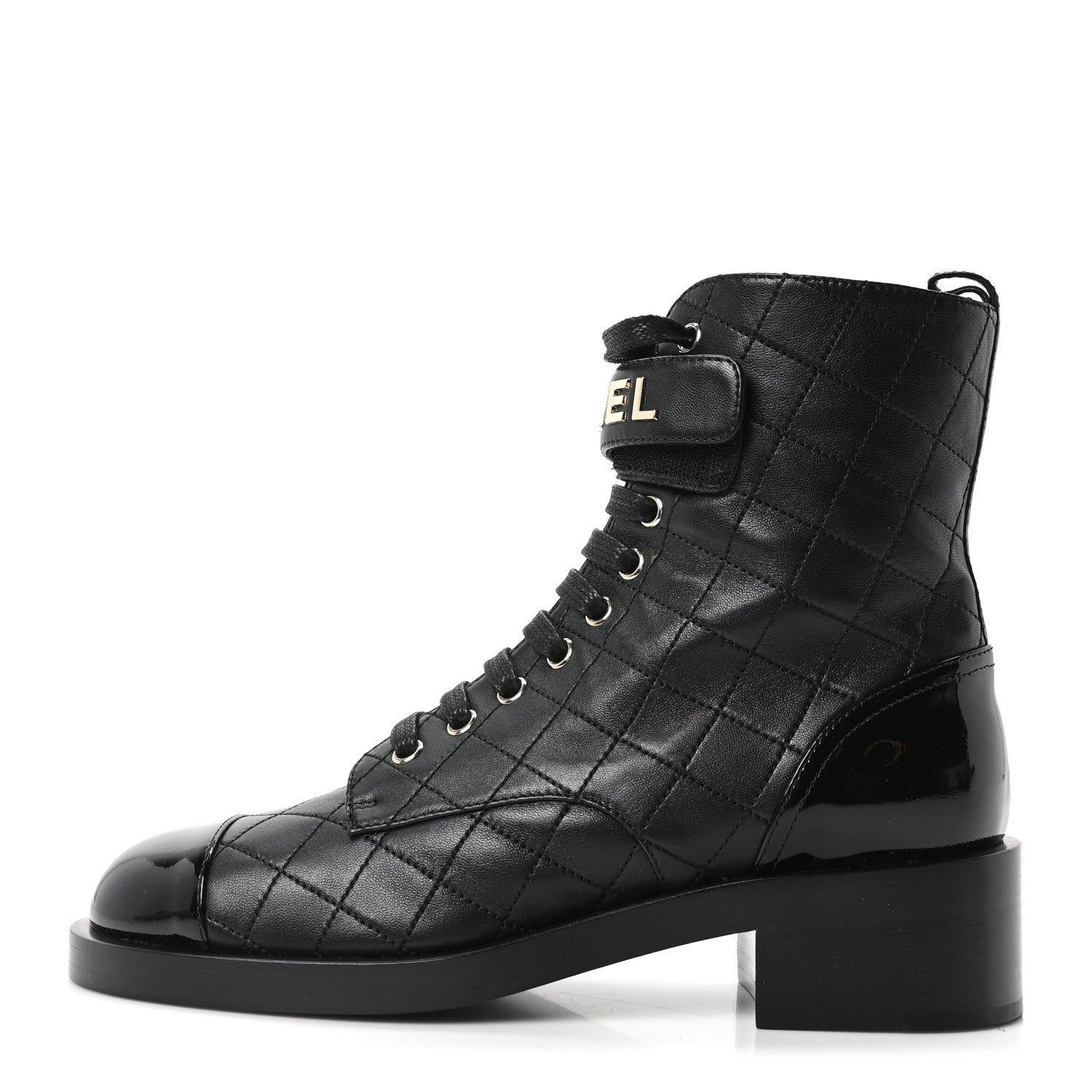 Chanel Lambskin Patent Calfskin Quilted Logo Lace Up Combat Boots 39.5 Black 1 of 10