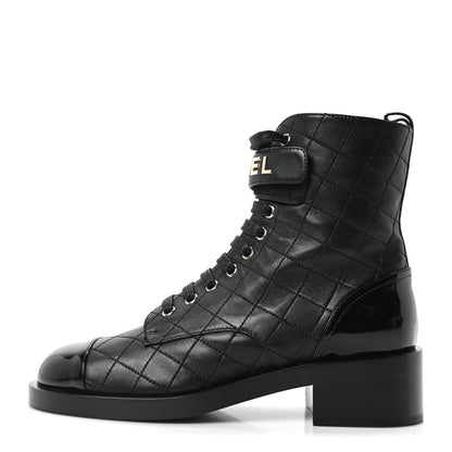 Chanel Lambskin Patent Calfskin Quilted Logo Lace Up Combat Boots 39.5 Black 1 of 10