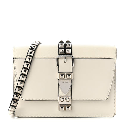 Prada Saffiano City Calfskin Studded Small Elektra Shoulder Bag White Black 1 of 9