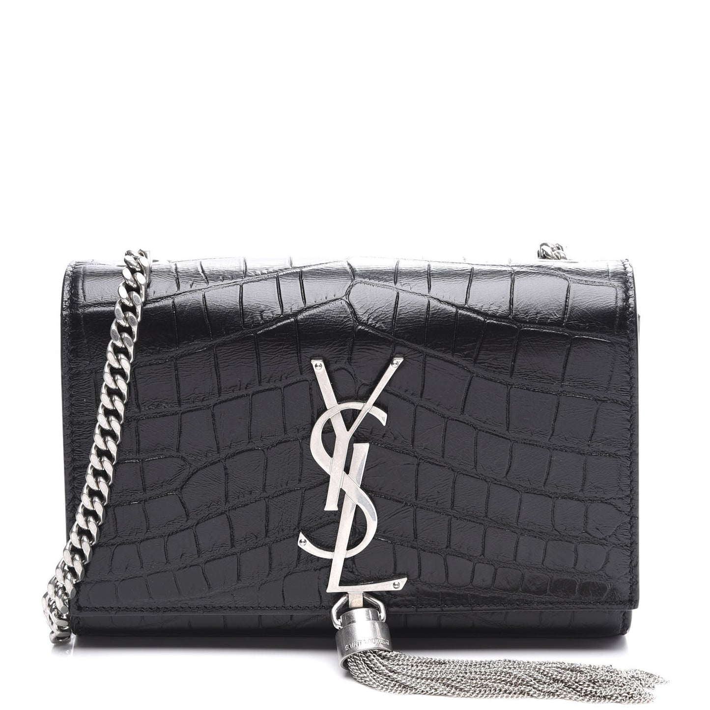 Calfskin Crocodile Embossed Monogram Small Kate Tassel Satchel Black