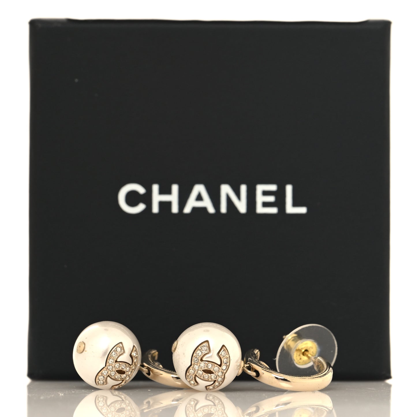 Crystal Pearl CC Hoop Drop Earrings Gold White