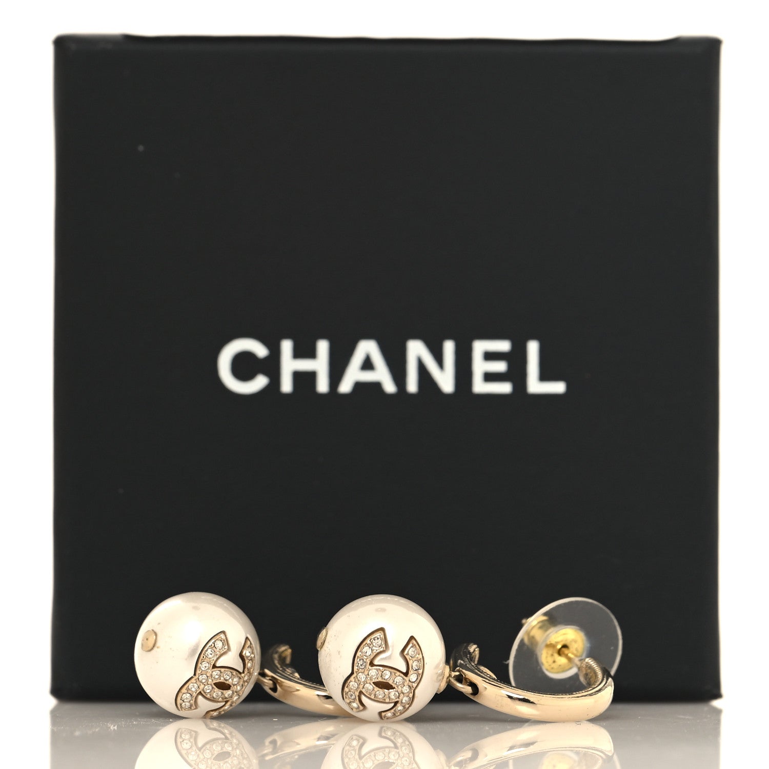 Chanel Crystal Pearl CC Hoop Drop Earrings Gold White 5 of 5
