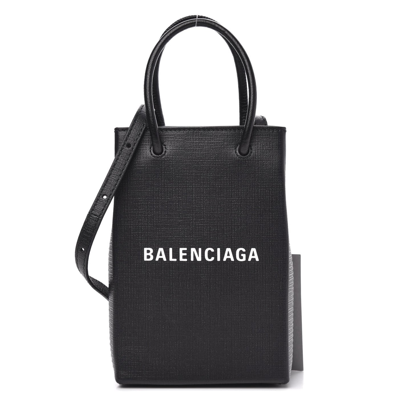 Textured Calfskin Lambskin Logo Shopping Phone Holder Bag Black