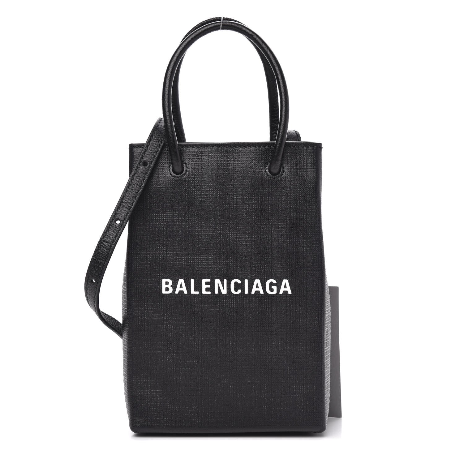 Balenciaga Textured Calfskin Lambskin Logo Shopping Phone Holder Bag Black 1 of 9