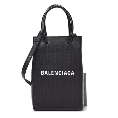 Balenciaga Textured Calfskin Lambskin Logo Shopping Phone Holder Bag Black 1 of 9