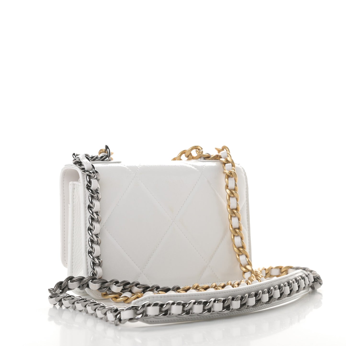 Shiny Crumpled Calfskin Quilted Chanel 19 Wallet On Chain WOC White