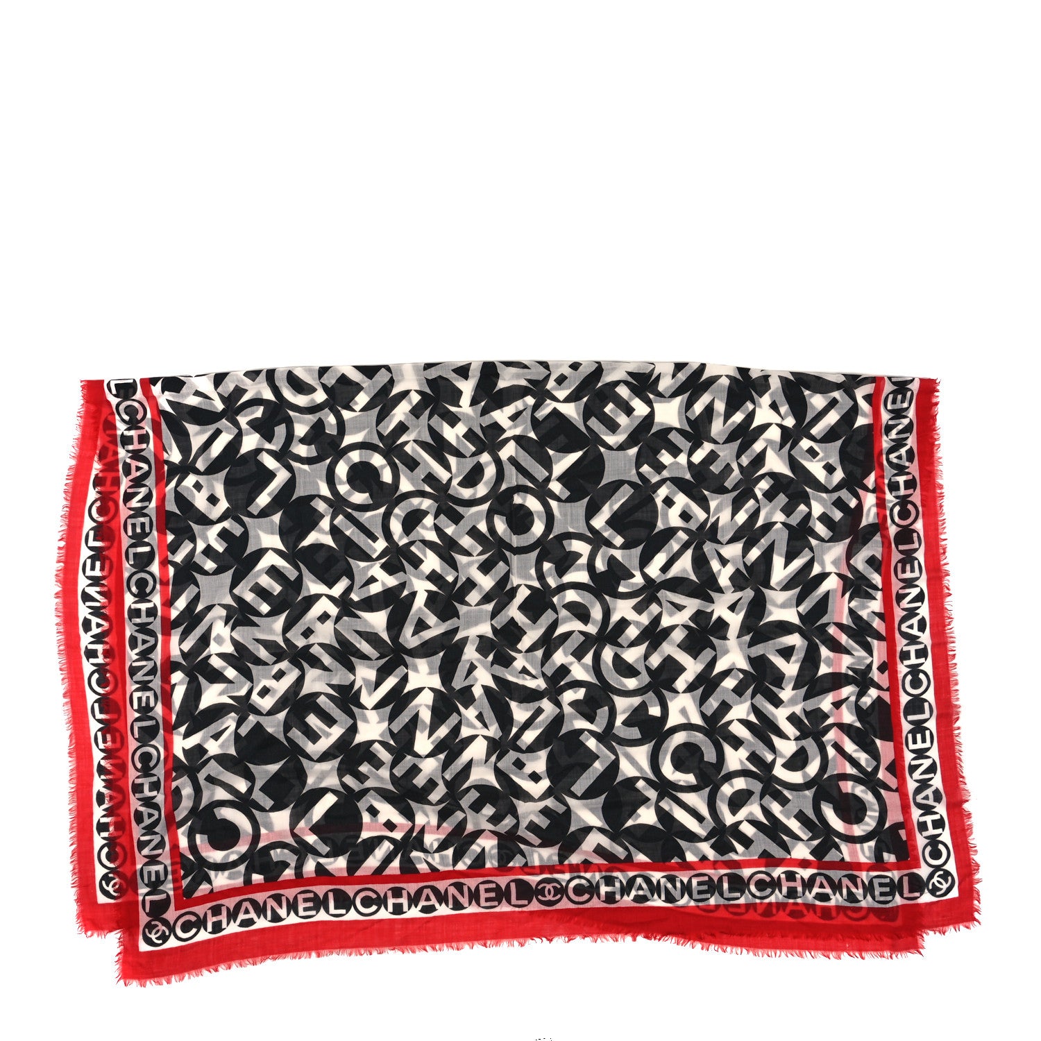 Chanel Cashmere Silk CC Logo Fringe Scarf White Black Red 2 of 4