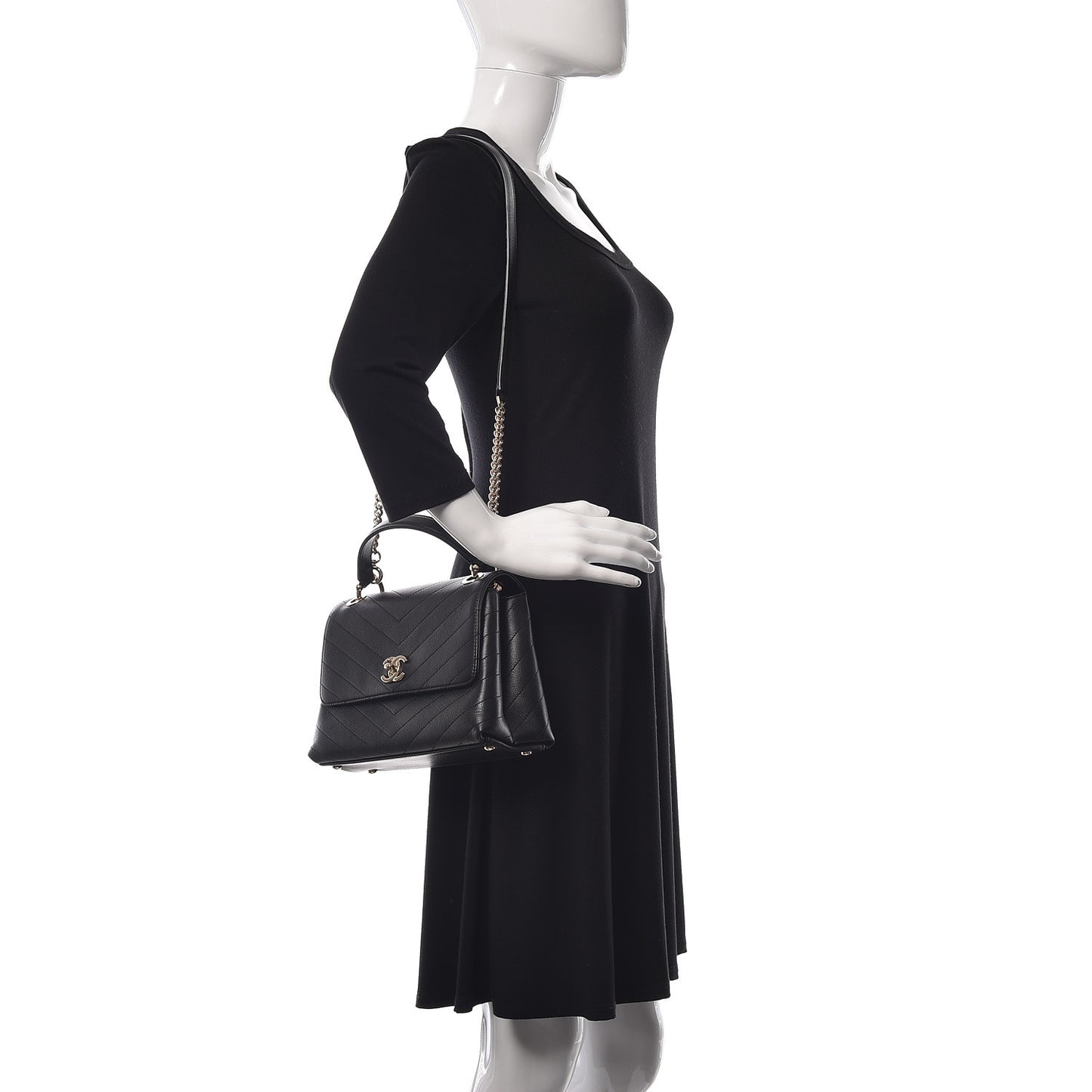 Grained Calfskin Small Chevron Chic Top Handle Flap Black