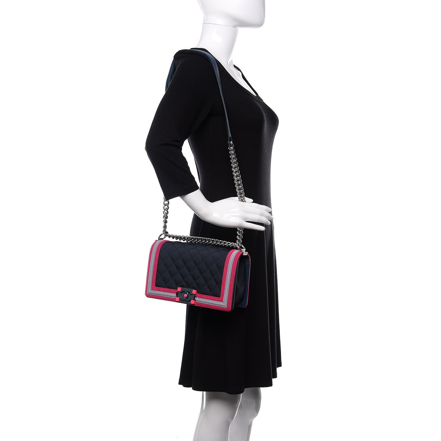 Chanel Canvas Quilted Medium Fluo Boy Flap Dark Navy Fuchsia Grey 2 of 10