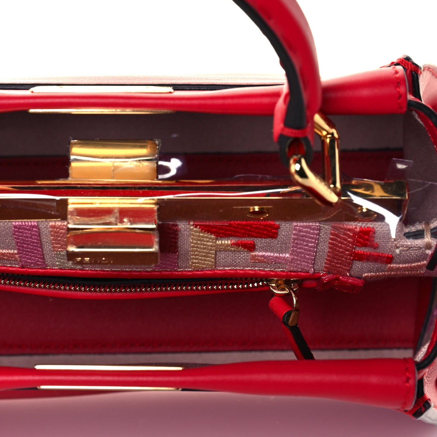 Vitello Seta Canvas FF Embroidered Mini Peekaboo Iconic Satchel Rosso Cardinale Multicolor