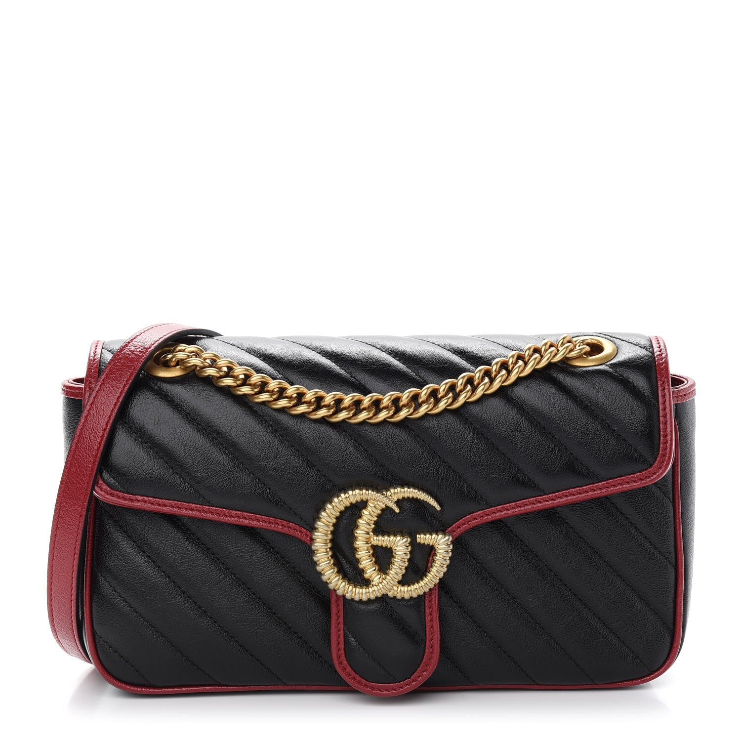 Gucci Vintage Effect Calfskin Matelasse Diagonal Small Torchon GG Marmont Shoulder Bag Black Romantic Cherry 1 of 9