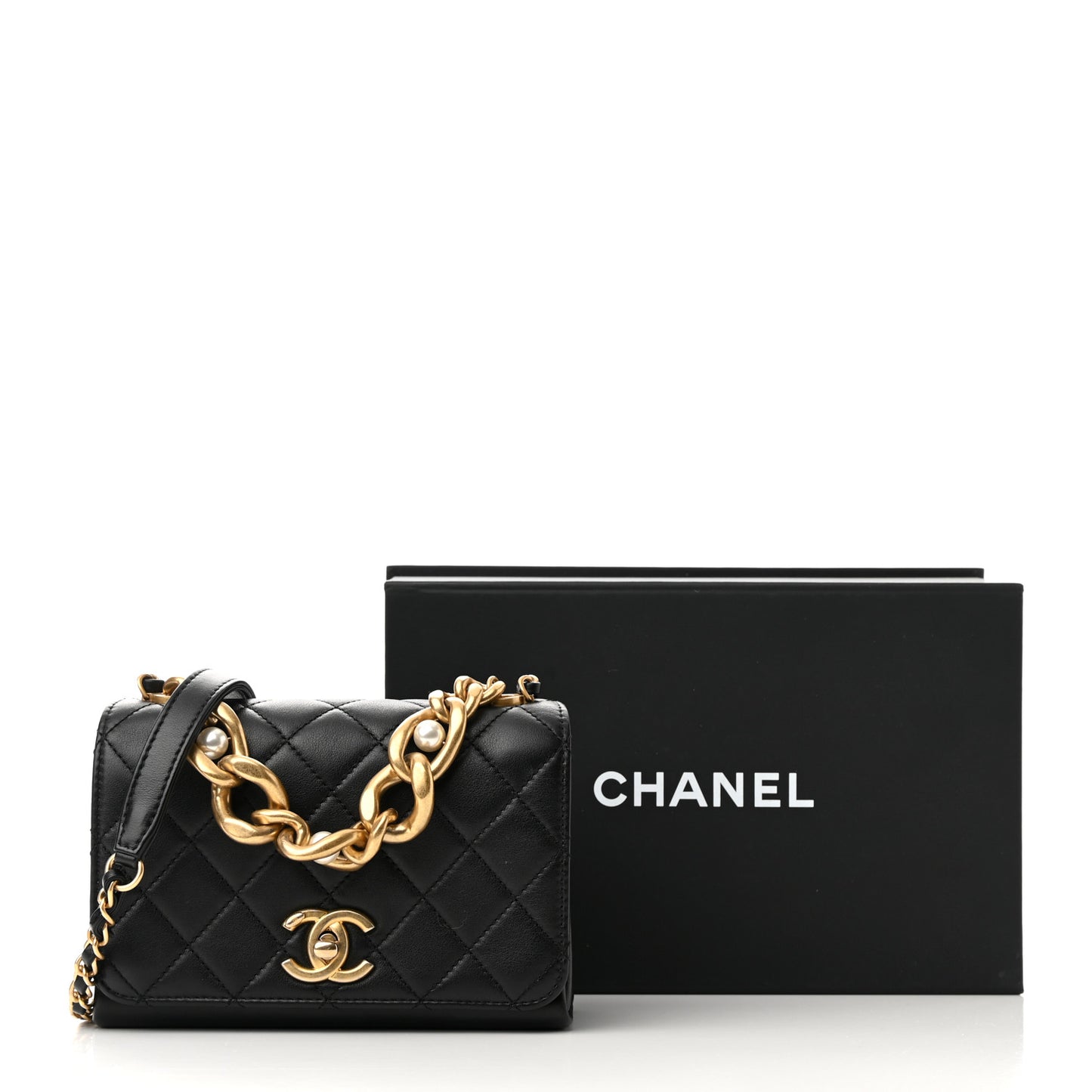 Calfskin Quilted Pearl Jewel Chain Flap Black