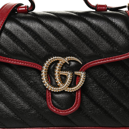 Gucci Vintage Effect Calfskin Matelasse Diagonal Mini Torchon GG Marmont Top Handle Shoulder Bag Black Romantic Cherry 9 of 13