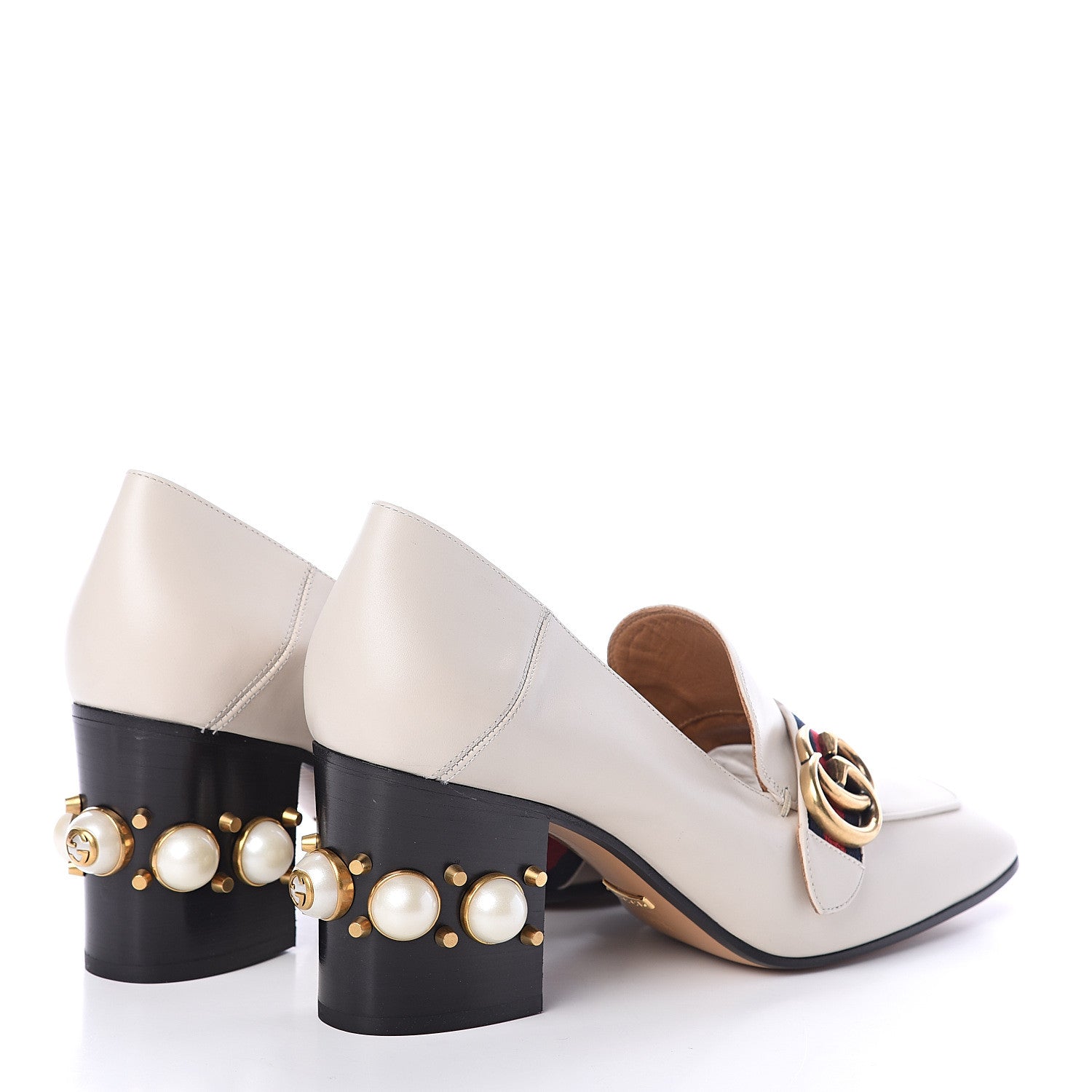Gucci Betis Glamour Calfskin Web Pearl Embellished Peyton 75mm Loafer Pumps 39.5 Mystic White 4 of 7