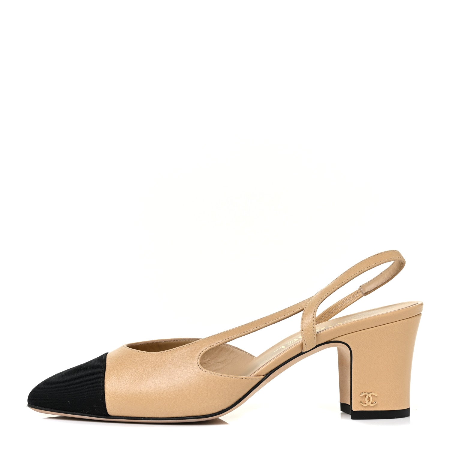 Chanel Goatskin Grosgrain Cap Toe CC Slingback Sandals 38.5 Beige Black 1 of 8