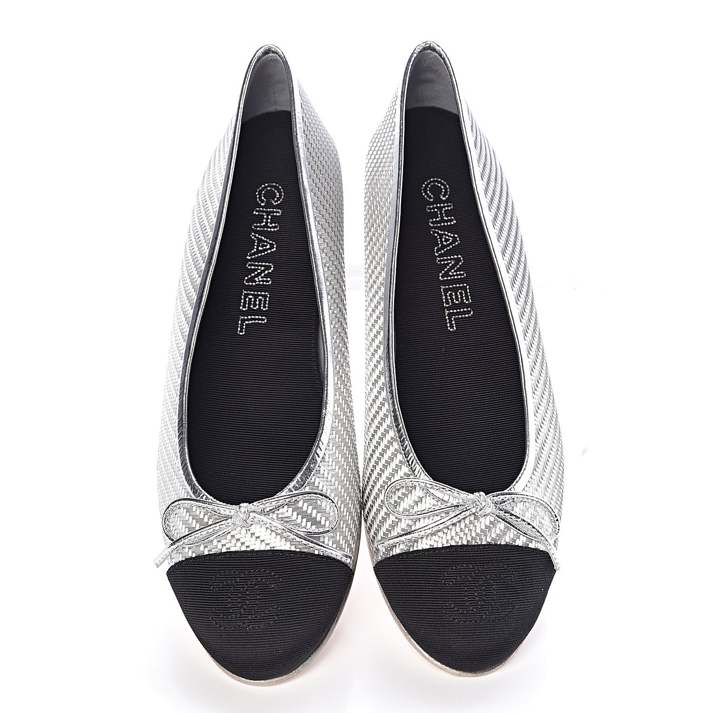 Metallic PVC Grosgrain Cap Toe Ballerina Flats 37 Silver Black