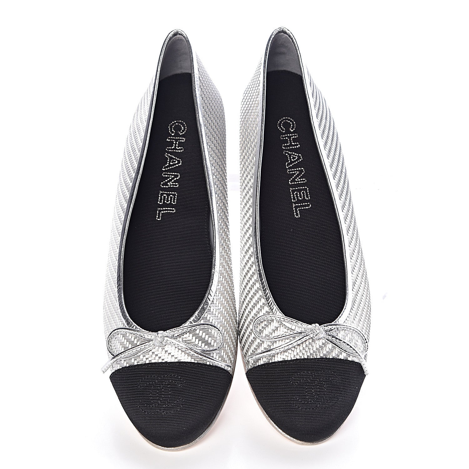 Chanel Metallic PVC Grosgrain Cap Toe Ballerina Flats 37 Silver Black 5 of 11