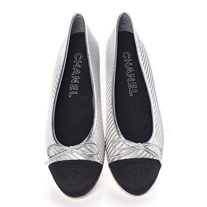 Chanel Metallic PVC Grosgrain Cap Toe Ballerina Flats 37 Silver Black 5 of 11