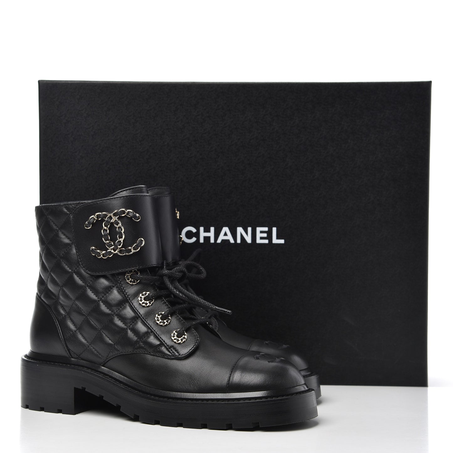 Shiny Lambskin Quilted Lace Up Combat Boots 38 Black
