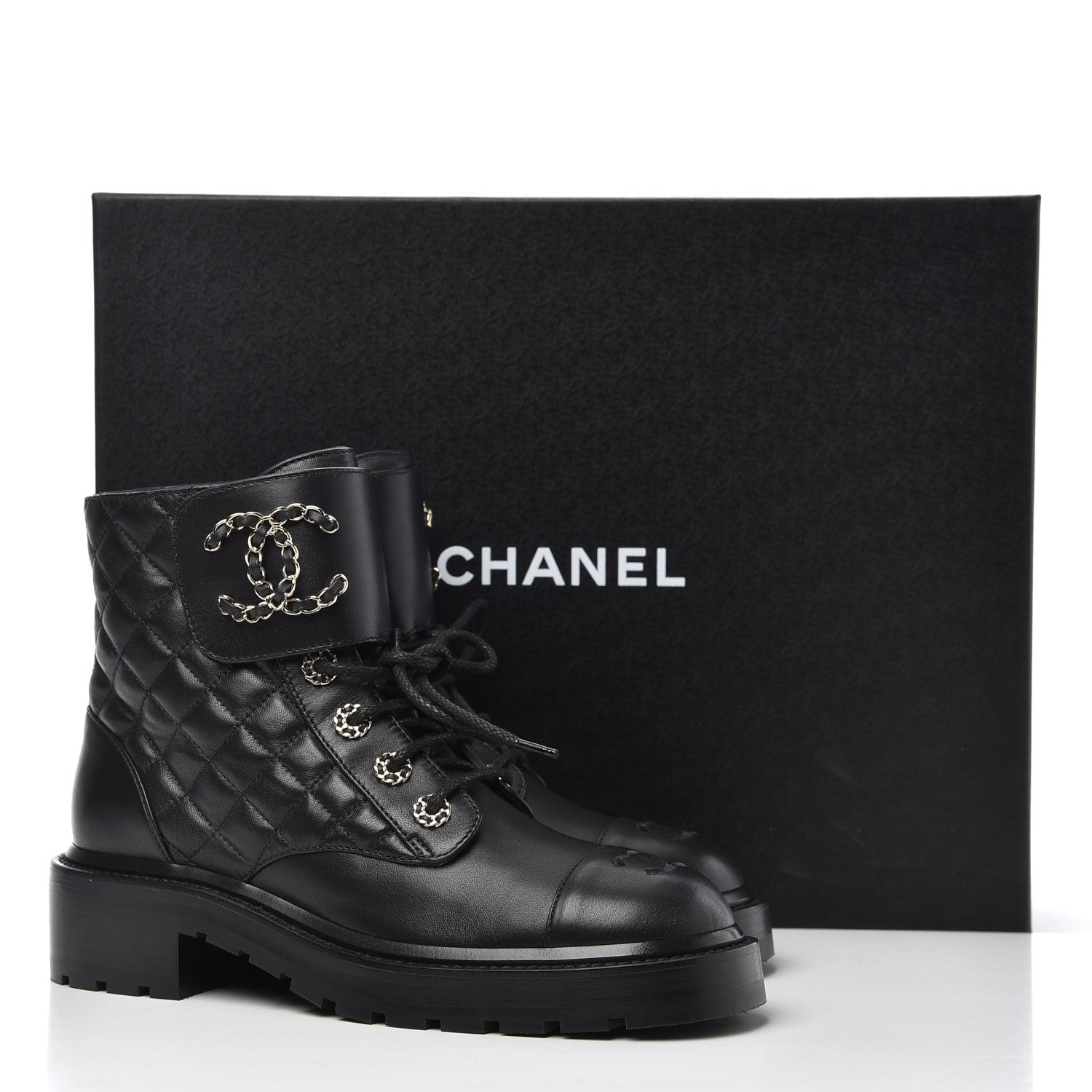 Chanel Shiny Lambskin Quilted Lace Up Combat Boots 38 Black 11 of 11