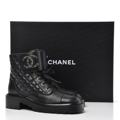 Chanel Shiny Lambskin Quilted Lace Up Combat Boots 38 Black 11 of 11