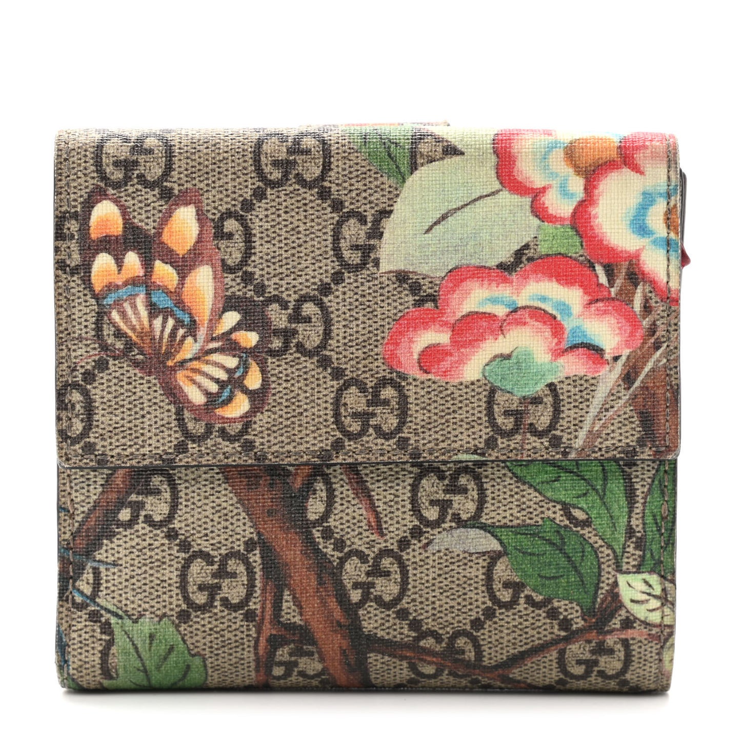 GG Supreme Monogram Tian French Flap Wallet Beige Multicolor Red