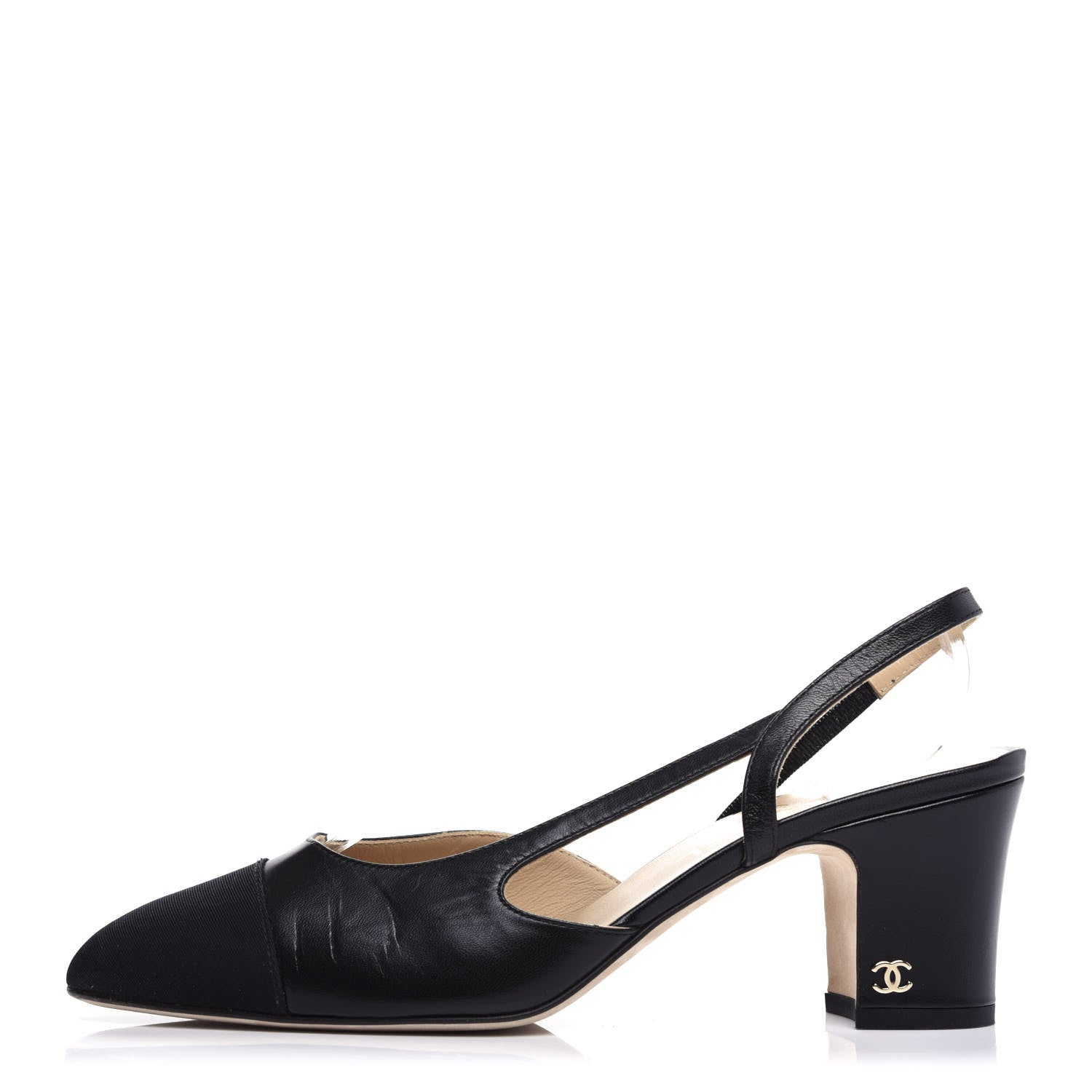 Chanel Goatskin Grosgrain Cap Toe CC Slingback Sandals 38.5 Black 1 of 11