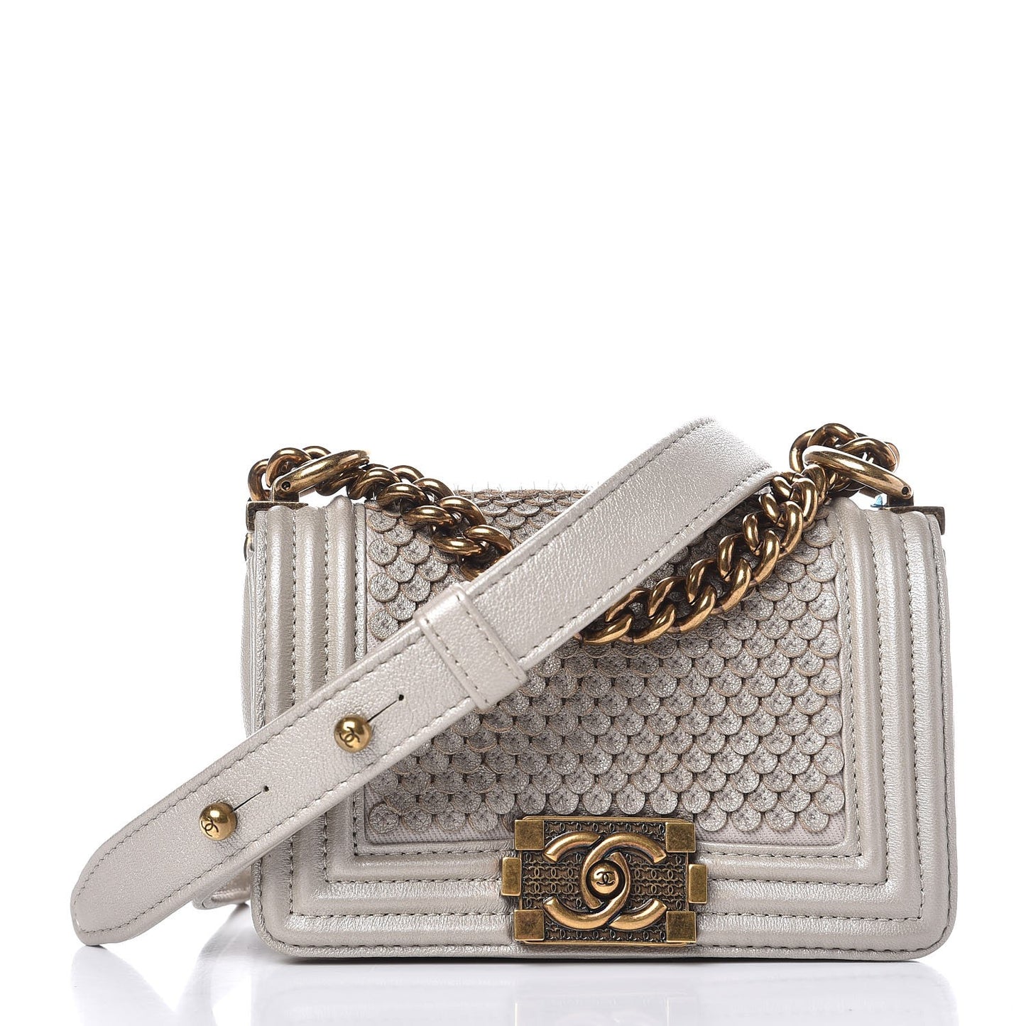 Metallic Lambskin Mini Scaled Boy Flap Gold