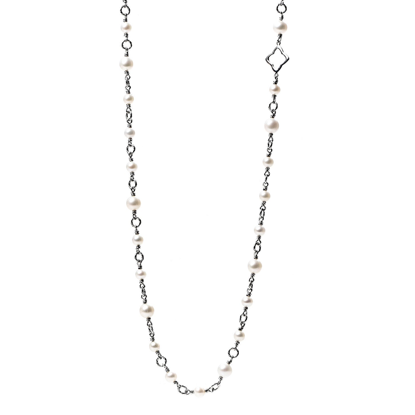 Sterling Silver Pearl 9mm Quatrefoil Long Chain Necklace